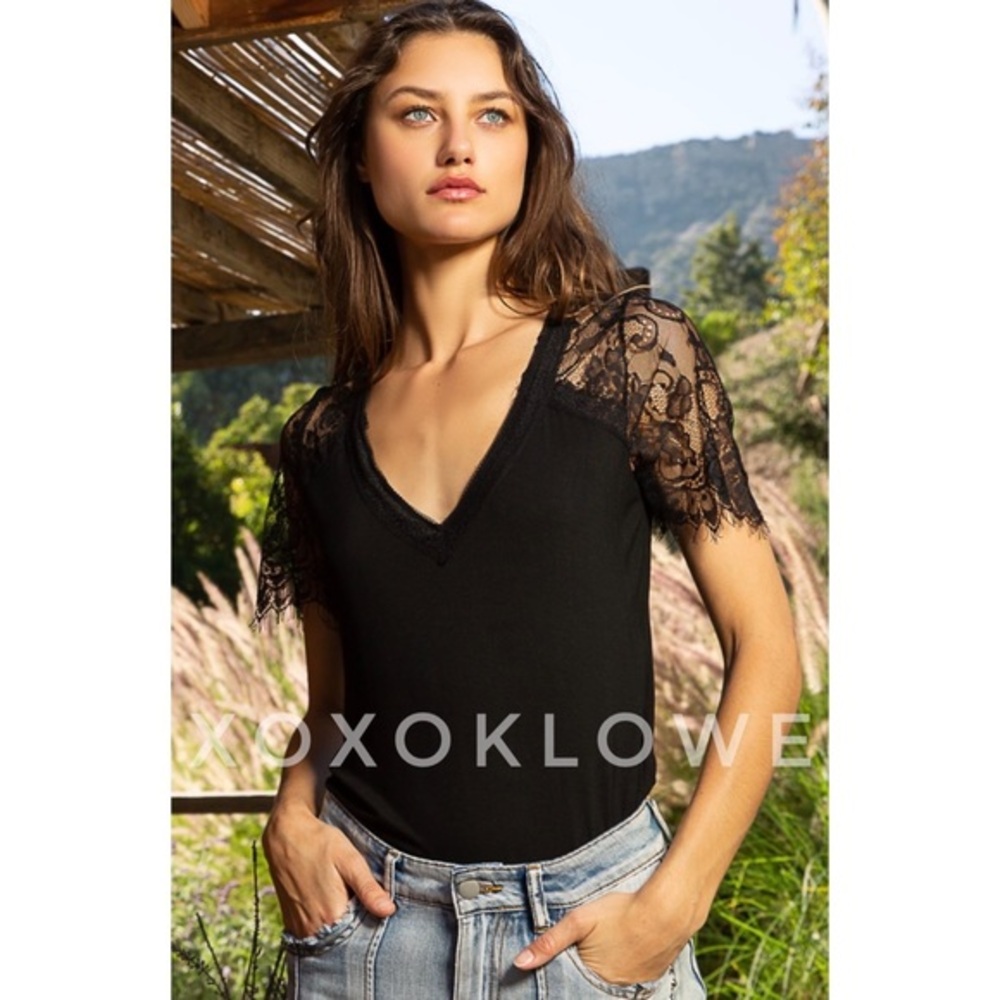 POL Black Buttery Soft V Neck Lace Sleeve Tee